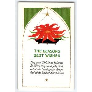 Vintage Christmas Poinsettia Postcard The Seasons Best Wishes 5.5x3.5